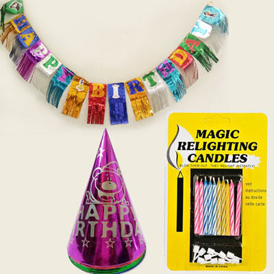 "Magic Candle, Birthday Banner N Birthday Caps- (10pcs) - Click here to View more details about this Product